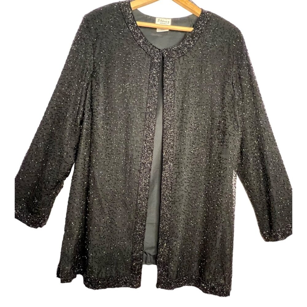 Stenay Woman 3X Black Beaded Open-Front Silk Jacket Polyester Lining 3/4Sleeves